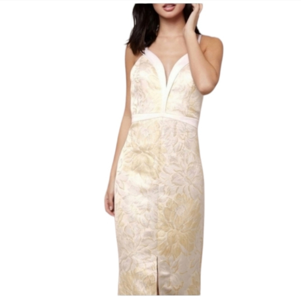 Bebe Plunge Neck Mermaid Metallic Floral Adjustable Strap Jacquard  Gown Size 2 - Picture 7 of 7